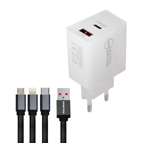 شارژر دیواری کلومن مدل H305 به همراه کابل تبدیل microusb  USB-C لایتنینگ