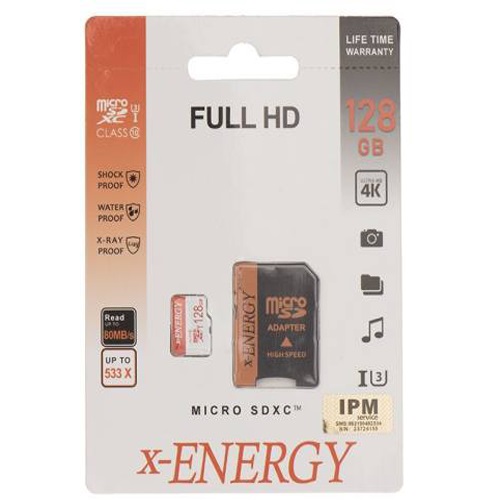 کارت حافظه microSDXC ایکس انرژی مدل IPM کلاس 10 استاندارد U3 سرعت 80MBps همراه با آداپتور SD ظرفیت 128 گیگابایت