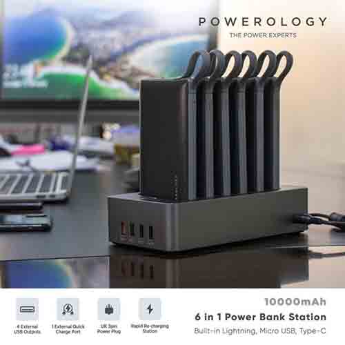 شارژر همراه پاورولوژی مدل PPBCHA01 ظرفیت 10000 میلی آمپر مجموعه 6 عددی به همراه پایه شارژ