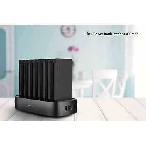 شارژر همراه پاورولوجی مدل P8X8PSPK ظرفیت 8000 میلی آمپر ساعت مجموعه 8 عددی به همراه پایه شارژ